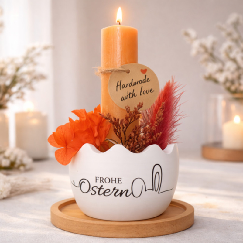 Osternest Rot mit Kerze und Bambusteller kaufen Osterdeko mit Trockenblumen